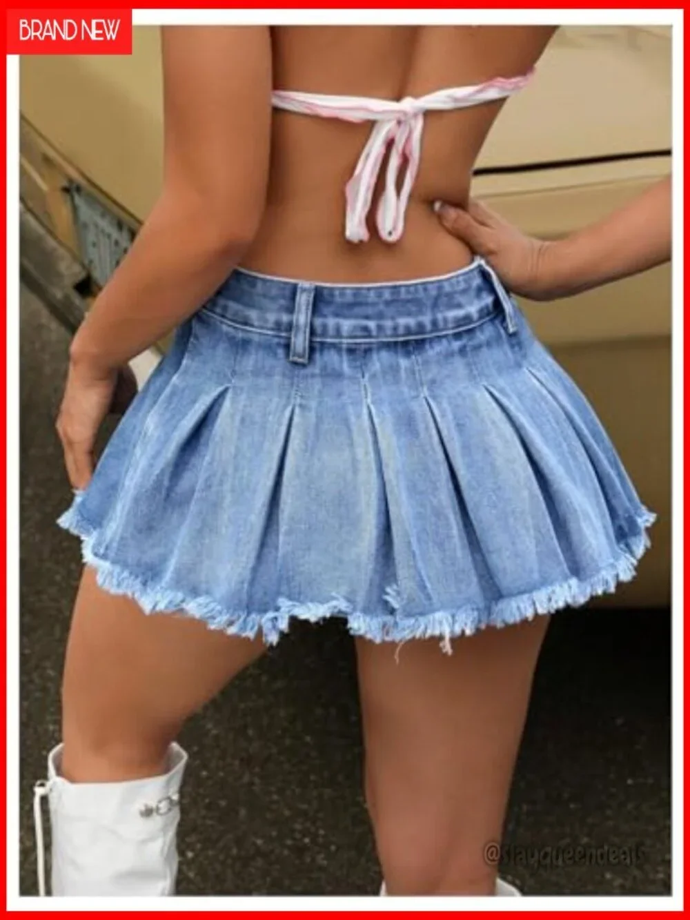 Low Waist Pleated Denim Mini Skirt Raw Hem Zipper Casual Ruffle